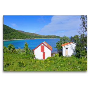 Premium Textil-Leinwand 120 x 80 cm Quer-Format Hütten am Fjord | Wandbild, HD-Bild auf Keilrahmen, Fertigbild auf hochwertigem Vlies, Leinwanddruck von Gisela Scheffbuch
