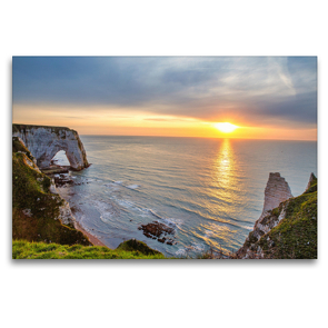 Premium Textil-Leinwand 120 x 80 cm Quer-Format Leinwand Felsenküste von Etretat bei Sonnenuntergang absolut sehenswert | Wandbild, HD-Bild auf Keilrahmen, Fertigbild auf hochwertigem Vlies, Leinwanddruck von Mike Weiwers