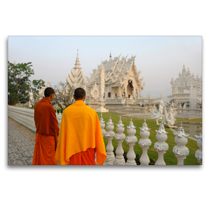 Premium Textil-Leinwand 120 x 80 cm Quer-Format Monks at Wat Rong Khun, White Temple, Chiang Rai | Wandbild, HD-Bild auf Keilrahmen, Fertigbild auf hochwertigem Vlies, Leinwanddruck von Christian Heeb