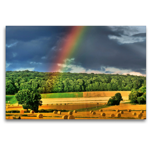 Premium Textil-Leinwand 120 x 80 cm Quer-Format Regenbogen über den Feldern bei Niestetal | Wandbild, HD-Bild auf Keilrahmen, Fertigbild auf hochwertigem Vlies, Leinwanddruck von Sabine Löwer