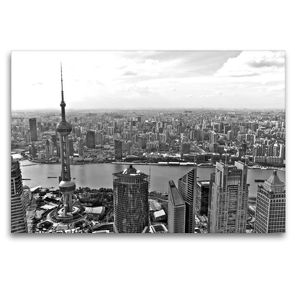Premium Textil-Leinwand 120 x 80 cm Quer-Format Shanghai Skyline mit Pearl Tower und Huangpu River | Wandbild, HD-Bild auf Keilrahmen, Fertigbild auf hochwertigem Vlies, Leinwanddruck von Ralf Wittstock