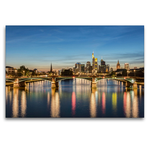 Premium Textil-Leinwand 120 x 80 cm Quer-Format Skyline Frankfurt und Ignatz-Bubis-Brücke | Wandbild, HD-Bild auf Keilrahmen, Fertigbild auf hochwertigem Vlies, Leinwanddruck von Michael Valjak