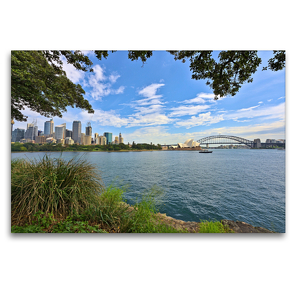 Premium Textil-Leinwand 120 x 80 cm Quer-Format Skyline von Sydney, Sydney Tower, Opera House und Harbour Bridge | Wandbild, HD-Bild auf Keilrahmen, Fertigbild auf hochwertigem Vlies, Leinwanddruck von Mathias Calabotta