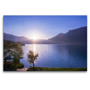 Premium Textil-Leinwand 120 x 80 cm Quer-Format Sonnenaufgang in Oberried am Brienzersee | Wandbild, HD-Bild auf Keilrahmen, Fertigbild auf hochwertigem Vlies, Leinwanddruck von Stefanie und Philipp Kellmann