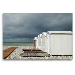 Premium Textil-Leinwand 120 x 80 cm Quer-Format Strahlend weiße Badehütten am Strand von Mers-les-Bains | Wandbild, HD-Bild auf Keilrahmen, Fertigbild auf hochwertigem Vlies, Leinwanddruck von Silke Liedtke Reisefotografie