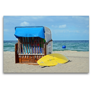 Premium Textil-Leinwand 120 x 80 cm Quer-Format Strandkorb und gelbes Surfbrett am Strand | Wandbild, HD-Bild auf Keilrahmen, Fertigbild auf hochwertigem Vlies, Leinwanddruck von Sarnade