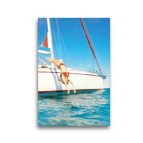 Premium Textil-Leinwand 30 x 45 cm Hoch-Format Junge Frau im roten Bikini springt genussvoll von Bord einer Segelyacht ins Meer | Wandbild, HD-Bild auf Keilrahmen, Fertigbild auf hochwertigem Vlies, Leinwanddruck von CALVENDO