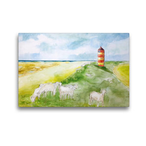 Premium Textil-Leinwand 45 x 30 cm Quer-Format Aquarell vom Pilsumer Leuchtturm in Krummhörn, Nierdersachsen | Wandbild, HD-Bild auf Keilrahmen, Fertigbild auf hochwertigem Vlies, Leinwanddruck von Michaela Schimmack