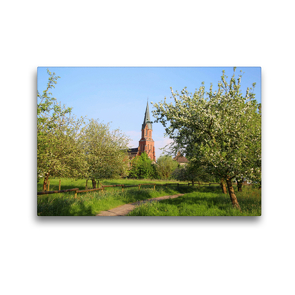 Premium Textil-Leinwand 45 x 30 cm Quer-Format Blühender Apfelgarten in Burhave mit der St. Petri-Kirche | Wandbild, HD-Bild auf Keilrahmen, Fertigbild auf hochwertigem Vlies, Leinwanddruck von Steffani Lehmann