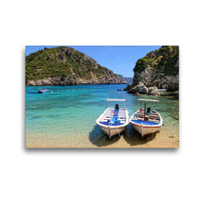 Premium Textil-Leinwand 45 x 30 cm Quer-Format Boote am Strand von Paleokastritsa auf Korfu | Wandbild, HD-Bild auf Keilrahmen, Fertigbild auf hochwertigem Vlies, Leinwanddruck von Anja Frost