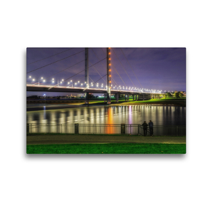 Premium Textil-Leinwand 45 x 30 cm Quer-Format Düsseldorf Rheinkniebrücke bei Nacht | Wandbild, HD-Bild auf Keilrahmen, Fertigbild auf hochwertigem Vlies, Leinwanddruck von Alexander Gründel