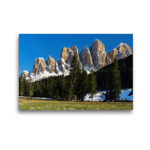 Premium Textil-Leinwand 45 x 30 cm Quer-Format Frühling auf der Zanser Alm und den mächtigen Gipfeln der Geislergruppe in den Dolomiten Südtirols | Wandbild, HD-Bild auf Keilrahmen, Fertigbild auf hochwertigem Vlies, Leinwanddruck von Martin Zwick