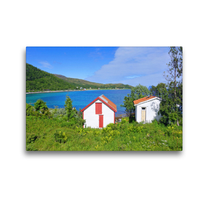 Premium Textil-Leinwand 45 x 30 cm Quer-Format Hütten am Fjord | Wandbild, HD-Bild auf Keilrahmen, Fertigbild auf hochwertigem Vlies, Leinwanddruck von Gisela Scheffbuch