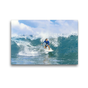 Premium Textil-Leinwand 45 x 30 cm Quer-Format Junger Mann in lässigen Badeshorts auf seinem Surfbrett. | Wandbild, HD-Bild auf Keilrahmen, Fertigbild auf hochwertigem Vlies, Leinwanddruck von CALVENDO