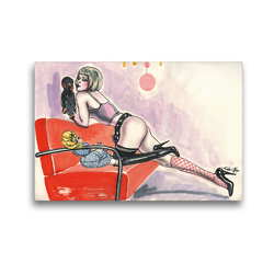 Premium Textil-Leinwand 45 x 30 cm Quer-Format my little monkey. Frau mit Äffchen und Puppe auf einer Couch. aussergewöhnliche Burlesque Pin-up Zeichnung der bekannten Marke „Burlesque up your wall“. Ein einzigartiges besonderes Bild | Wandbild, HD-Bild auf Keilrahmen, Fertigbild auf hochwertigem Vlies, Leinwanddruck von Sara Horwath