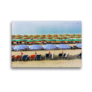 Premium Textil-Leinwand 45 x 30 cm Quer-Format Sonnenschirme am Strand von Monterosso | Wandbild, HD-Bild auf Keilrahmen, Fertigbild auf hochwertigem Vlies, Leinwanddruck von Christian Müller