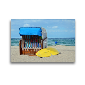 Premium Textil-Leinwand 45 x 30 cm Quer-Format Strandkorb und gelbes Surfbrett am Strand | Wandbild, HD-Bild auf Keilrahmen, Fertigbild auf hochwertigem Vlies, Leinwanddruck von Sarnade