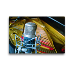Premium Textil-Leinwand 45 x 30 cm Quer-Format Tonstudio – Mikrofon vor Konzertflügel | Wandbild, HD-Bild auf Keilrahmen, Fertigbild auf hochwertigem Vlies, Leinwanddruck von Renate Bleicher