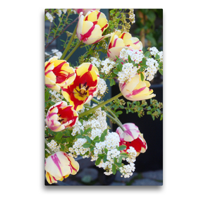 Premium Textil-Leinwand 50 x 75 cm Hoch-Format Ein Strauß Rembrandt-Tulpen mit Spierstrauch | Wandbild, HD-Bild auf Keilrahmen, Fertigbild auf hochwertigem Vlies, Leinwanddruck von Gisela Kruse