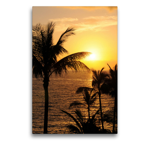 Premium Textil-Leinwand 50 x 75 cm Hoch-Format Gran Canaria – Sonnenuntergang vor Palmen im Meer. Kanarische Insel. | Wandbild, HD-Bild auf Keilrahmen, Fertigbild auf hochwertigem Vlies, Leinwanddruck von Anja Frost
