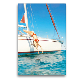 Premium Textil-Leinwand 50 x 75 cm Hoch-Format Junge Frau im roten Bikini springt genussvoll von Bord einer Segelyacht ins Meer | Wandbild, HD-Bild auf Keilrahmen, Fertigbild auf hochwertigem Vlies, Leinwanddruck von CALVENDO