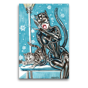 Premium Textil-Leinwand 50 x 75 cm Hoch-Format Katzen im Schnee. Catwoman in snow. The most wanted girls! | Wandbild, HD-Bild auf Keilrahmen, Fertigbild auf hochwertigem Vlies, Leinwanddruck von Sara Horwath Burlesqe up your wall
