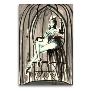Premium Textil-Leinwand 60 x 90 cm Hoch-Format Singvogelkäfig – Zeichnung von Sara Horwath | Wandbild, HD-Bild auf Keilrahmen, Fertigbild auf hochwertigem Vlies, Leinwanddruck von Sara Horwath