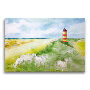 Premium Textil-Leinwand 75 x 50 cm Quer-Format Aquarell vom Pilsumer Leuchtturm in Krummhörn, Nierdersachsen | Wandbild, HD-Bild auf Keilrahmen, Fertigbild auf hochwertigem Vlies, Leinwanddruck von Michaela Schimmack