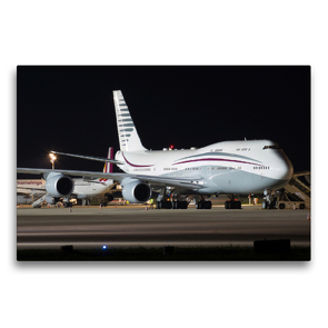 Premium Textil-Leinwand 75 x 50 cm Quer-Format B747-8 der Qatar Amiri Flight A7-HBJ nach der Landung aus Doha | Wandbild, HD-Bild auf Keilrahmen, Fertigbild auf hochwertigem Vlies, Leinwanddruck von Rainer Spoddig