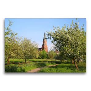 Premium Textil-Leinwand 75 x 50 cm Quer-Format Blühender Apfelgarten in Burhave mit der St. Petri-Kirche | Wandbild, HD-Bild auf Keilrahmen, Fertigbild auf hochwertigem Vlies, Leinwanddruck von Steffani Lehmann