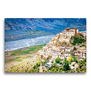 Premium Textil-Leinwand 75 x 50 cm Quer-Format Das hochgelegene tibetisch-buddhistisches Kloster Ki Gompa am Spiti-Fluss | Wandbild, HD-Bild auf Keilrahmen, Fertigbild auf hochwertigem Vlies, Leinwanddruck von CALVENDO