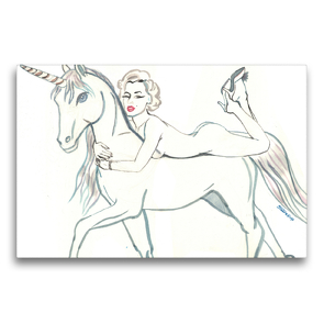 Premium Textil-Leinwand 75 x 50 cm Quer-Format das Marylin unicorn, Marylin Monroe mit Einhorn | Wandbild, HD-Bild auf Keilrahmen, Fertigbild auf hochwertigem Vlies, Leinwanddruck von Sara Horwath