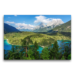 Premium Textil-Leinwand 75 x 50 cm Quer-Format Der Blindsee mit Blick auf Zugspitze und Sonnenspitze | Wandbild, HD-Bild auf Keilrahmen, Fertigbild auf hochwertigem Vlies, Leinwanddruck von Sascha Ferrari