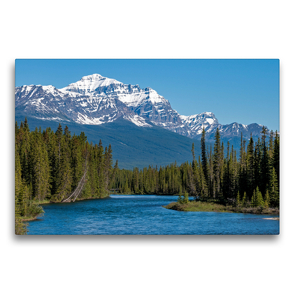 Premium Textil-Leinwand 75 x 50 cm Quer-Format Der verschneite Gipfel des Mount Temple erhebt sich hoch über das bewaldete Tal des Bow River | Wandbild, HD-Bild auf Keilrahmen, Fertigbild auf hochwertigem Vlies, Leinwanddruck von Daniel Meissner