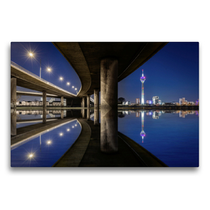 Premium Textil-Leinwand 75 x 50 cm Quer-Format Düsseldorf Hochwasser unter der Rheinkniebrücke | Wandbild, HD-Bild auf Keilrahmen, Fertigbild auf hochwertigem Vlies, Leinwanddruck von Alexander Gründel