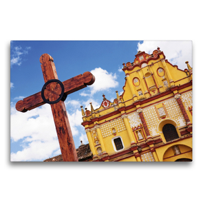 Premium Textil-Leinwand 75 x 50 cm Quer-Format Ein Holzkreuz vor der Kathedrale San Cristobal de las Casas | Wandbild, HD-Bild auf Keilrahmen, Fertigbild auf hochwertigem Vlies, Leinwanddruck von CALVENDO