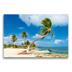 Premium Textil-Leinwand 75 x 50 cm Quer-Format Ein kleines Boot ankert vor einem traumhaften Palmenstrand an der Costa Maya | Wandbild, HD-Bild auf Keilrahmen, Fertigbild auf hochwertigem Vlies, Leinwanddruck von CALVENDO