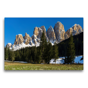 Premium Textil-Leinwand 75 x 50 cm Quer-Format Frühling auf der Zanser Alm und den mächtigen Gipfeln der Geislergruppe in den Dolomiten Südtirols | Wandbild, HD-Bild auf Keilrahmen, Fertigbild auf hochwertigem Vlies, Leinwanddruck von Martin Zwick