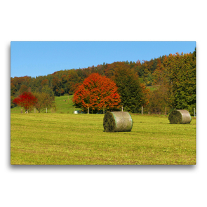 Premium Textil-Leinwand 75 x 50 cm Quer-Format Heuballen auf einem herbstlichen Feld | Wandbild, HD-Bild auf Keilrahmen, Fertigbild auf hochwertigem Vlies, Leinwanddruck von Alexandra Kurz