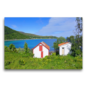 Premium Textil-Leinwand 75 x 50 cm Quer-Format Hütten am Fjord | Wandbild, HD-Bild auf Keilrahmen, Fertigbild auf hochwertigem Vlies, Leinwanddruck von Gisela Scheffbuch