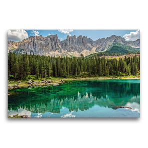 Premium Textil-Leinwand 75 x 50 cm Quer-Format Karersee eine Oase in den Südtiroler Dolomiten | Wandbild, HD-Bild auf Keilrahmen, Fertigbild auf hochwertigem Vlies, Leinwanddruck von Sascha Ferrari