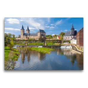 Premium Textil-Leinwand 75 x 50 cm Quer-Format Schloss Rochlitz mit Fluss Zwickauer MuldeMühle, Rochlitz, Sachsen, De | Wandbild, HD-Bild auf Keilrahmen, Fertigbild auf hochwertigem Vlies, Leinwanddruck von Prime Selection