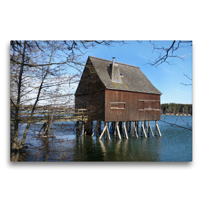 Premium Textil-Leinwand 75 x 50 cm Quer-Format Stelzenhaus – Plothener Teiche | Wandbild, HD-Bild auf Keilrahmen, Fertigbild auf hochwertigem Vlies, Leinwanddruck von Flori0