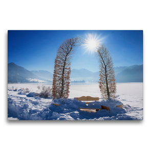 Premium Textil-Leinwand 75 x 50 cm Quer-Format Stille Rast mit Aussicht auf die Winterlandschaft Schliersee Oberbayern | Wandbild, HD-Bild auf Keilrahmen, Fertigbild auf hochwertigem Vlies, Leinwanddruck von SusaZoom