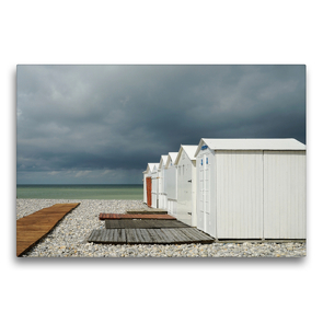 Premium Textil-Leinwand 75 x 50 cm Quer-Format Strahlend weiße Badehütten am Strand von Mers-les-Bains | Wandbild, HD-Bild auf Keilrahmen, Fertigbild auf hochwertigem Vlies, Leinwanddruck von Silke Liedtke Reisefotografie