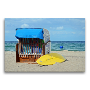 Premium Textil-Leinwand 75 x 50 cm Quer-Format Strandkorb und gelbes Surfbrett am Strand | Wandbild, HD-Bild auf Keilrahmen, Fertigbild auf hochwertigem Vlies, Leinwanddruck von Sarnade