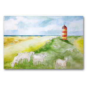 Premium Textil-Leinwand 90 x 60 cm Quer-Format Aquarell vom Pilsumer Leuchtturm in Krummhörn, Nierdersachsen | Wandbild, HD-Bild auf Keilrahmen, Fertigbild auf hochwertigem Vlies, Leinwanddruck von Michaela Schimmack