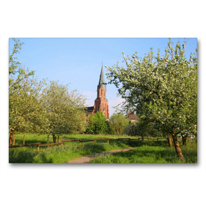 Premium Textil-Leinwand 90 x 60 cm Quer-Format Blühender Apfelgarten in Burhave mit der St. Petri-Kirche | Wandbild, HD-Bild auf Keilrahmen, Fertigbild auf hochwertigem Vlies, Leinwanddruck von Steffani Lehmann