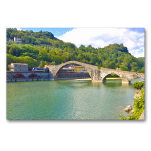 Premium Textil-Leinwand 90 x 60 cm Quer-Format Borgo a Mozzano – Teufelsbrücke | Wandbild, HD-Bild auf Keilrahmen, Fertigbild auf hochwertigem Vlies, Leinwanddruck von Andrea Bergini