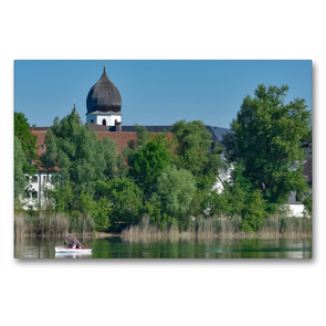 Premium Textil-Leinwand 90 x 60 cm Quer-Format Chiemsee – Fraueninsel mit Abtei Frauenwörth | Wandbild, HD-Bild auf Keilrahmen, Fertigbild auf hochwertigem Vlies, Leinwanddruck von Dieter-M. Wilczek